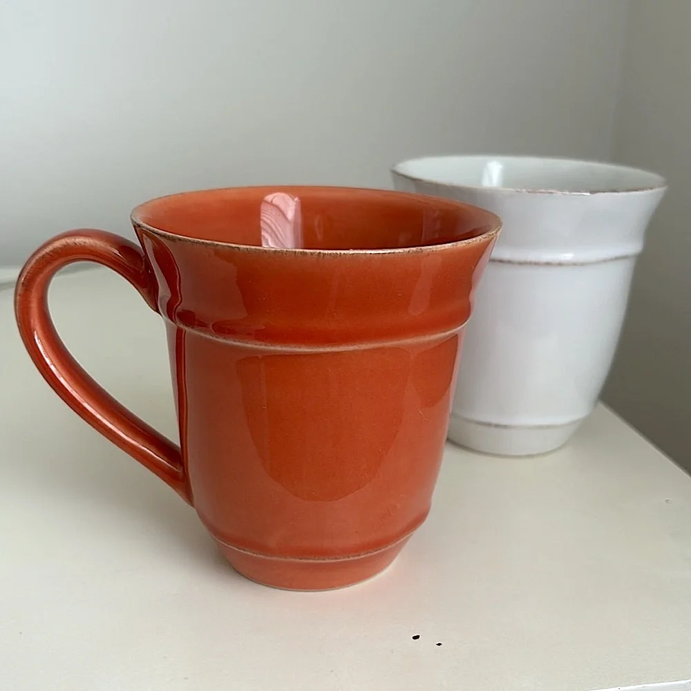 2 Pottery Barn Coffee Mugs Handcrafted in Portugal Terracotta/ Rust White